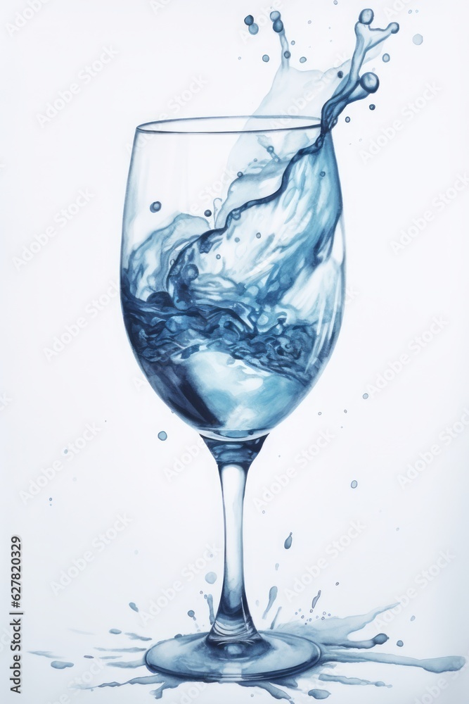 Blue Aquarelle Silhouette of a Pouring Sparkling Glass of Water, Crafted with the Style of Digital Airbrushing, Capturing the Refreshing Essence of This Revitalizing Drink