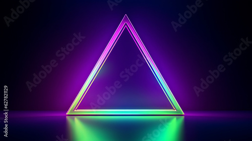 A vibrant neon triangle reflecting on the floor