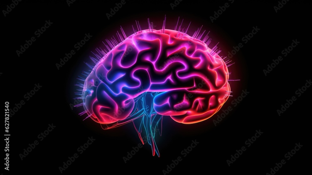 Colorful Brain glowing with blue and pink fluorescent lights with copy space for text