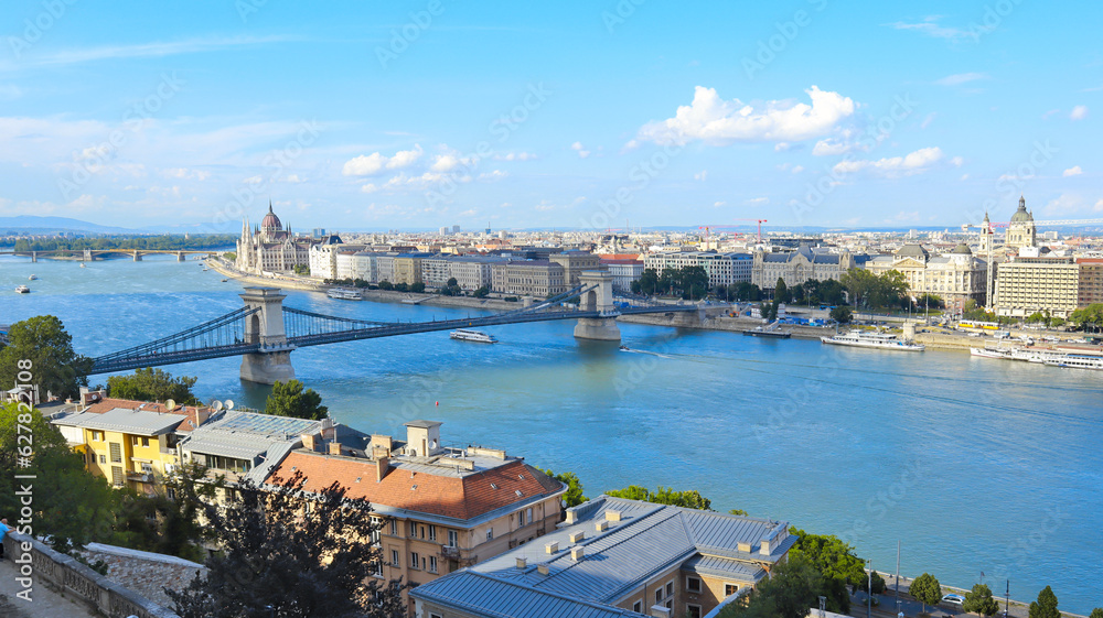 Panorama city with House of Parliament of Hungary and Szechenyi chain bridge in sunny day in Budapest, Hungary