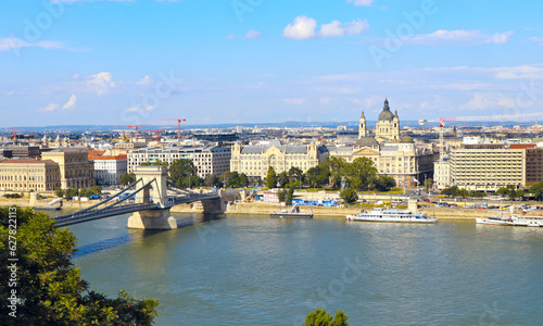 Panorama city with Szechenyi chain bridge in sunny day in Budapest, Hungary