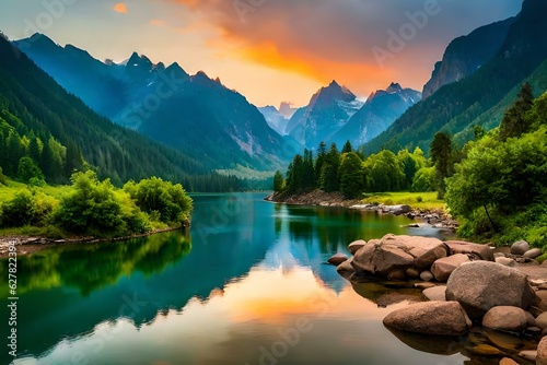 A paradise of green amidst towering mountains, the picturesque landscape offers a captivating view of a crystal-clear river flowing gently through the valley. AI generated