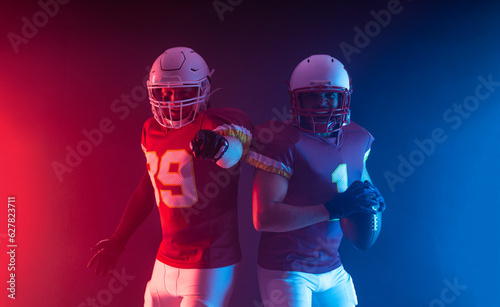 Two American football players in neon lights. Template for bookmaker ads with copy space. Mockup for betting advertisement.