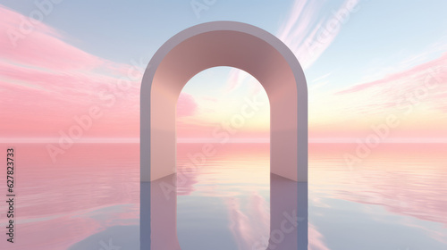 A mesmerizing pink sky reflecting on an arch in the water