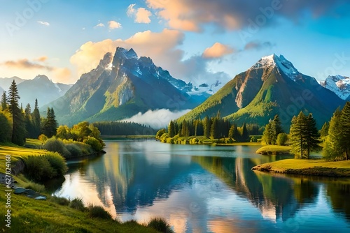 A captivating mountain landscape embraces a meandering river, painting a picture of tranquility and beauty.AI generated