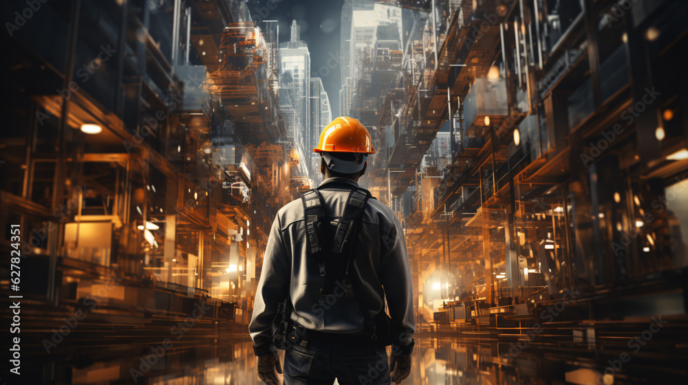 Construction worker wearing an orange hard hat. Development concept. BIM and digital twin concept. Construction worker wearing an orange hard hat. Development concept. BIM and digital twin concept.