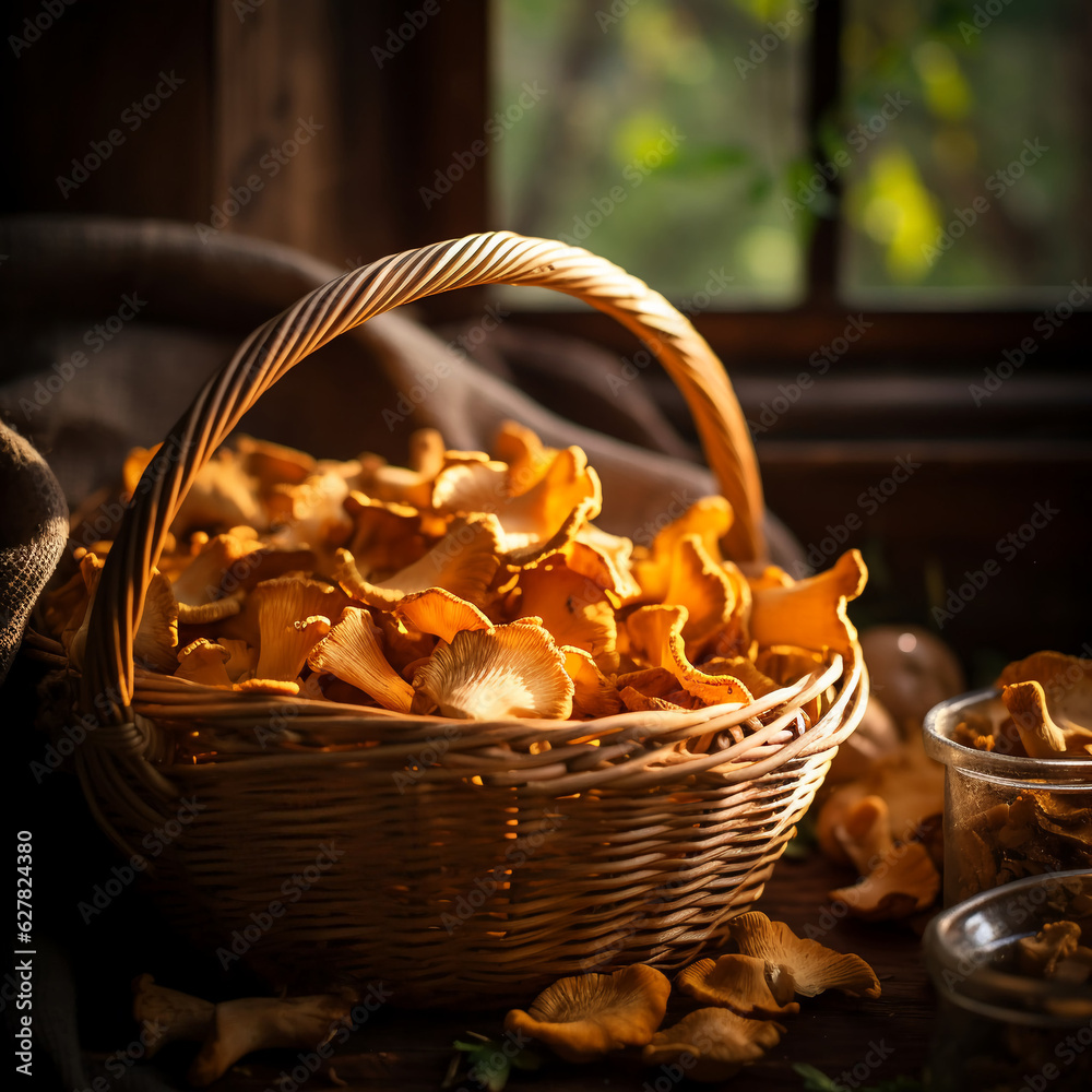 chanterelle mushrooms in a wicker basket. bokeh. collection of wild plants. forest chanterelle mushrooms in a wicker basket. bokeh. collection of wild plants. forest