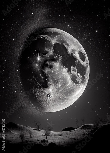 moon, moon and stars, black and white photography, generated by ai