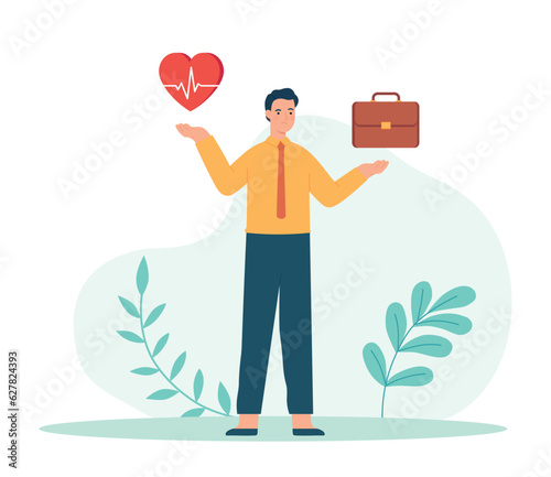 Work and health balance concept. Male character holding heart and briefcase. Comparing business stress and healthy life vector