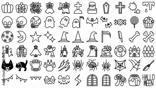 ハロウィーンのアイコンセット。シンプルなベクター線画イラスト。 Halloween icon set. Simple vector line drawing illustrations.