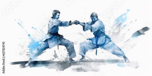 Blue Aquarelle Silhouette of Judo Fighters in Action, Crafted with the Style of Digital Airbrushing, Embracing the Athletic Excellence of Olympic and Karate Competitions