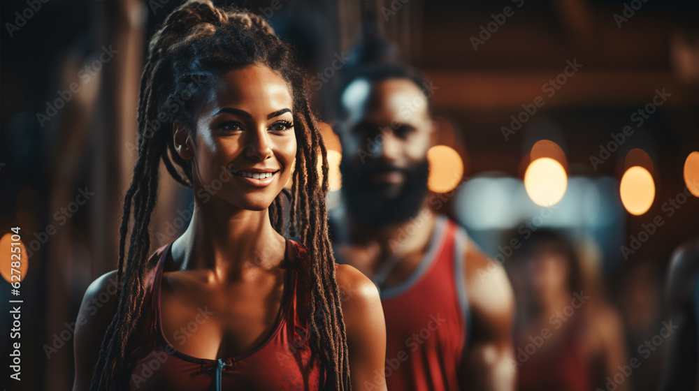 Muscular man and woman posing over gym background. Strength concept.
