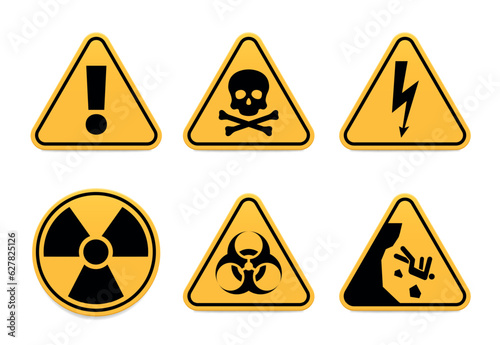 Attention, poison, high voltage, radiation, biohazard and falling warning signs