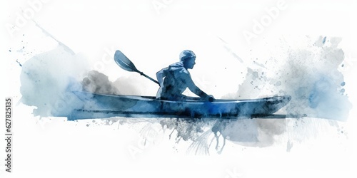 Blue Aquarelle Silhouette of Canoeist in Wildwater Action, Crafted with the Style of Digital Airbrushing, Celebrating Olympic Athletes in Exhilarating Canoeing Races