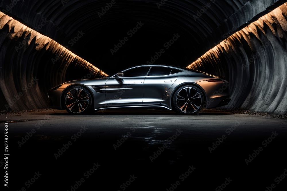 3D rendering of a brand-less generic concept car in a tunnel, A mesmerizing image of a car in a subterranean tunnel, AI Generated