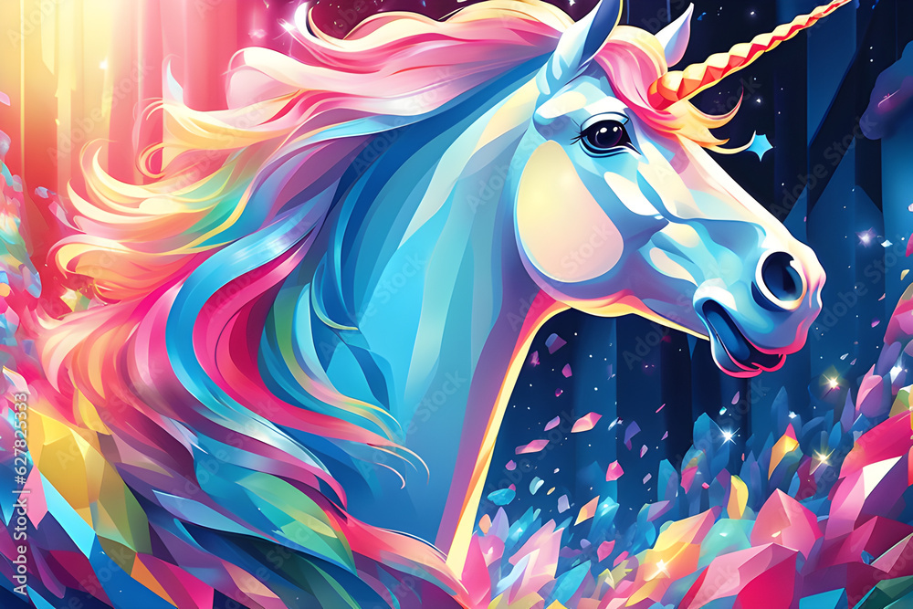 Unicorn horse with rainbow mane and horn. Vector illustration