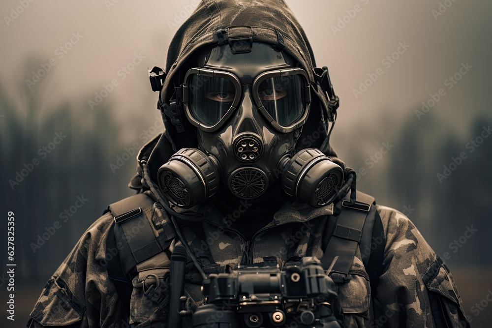 Portrait of a special forces soldier with gas mask and military uniform, A Modern elite soldier fully geared up with special equipment, face covered with a gas mask, AI Generated
