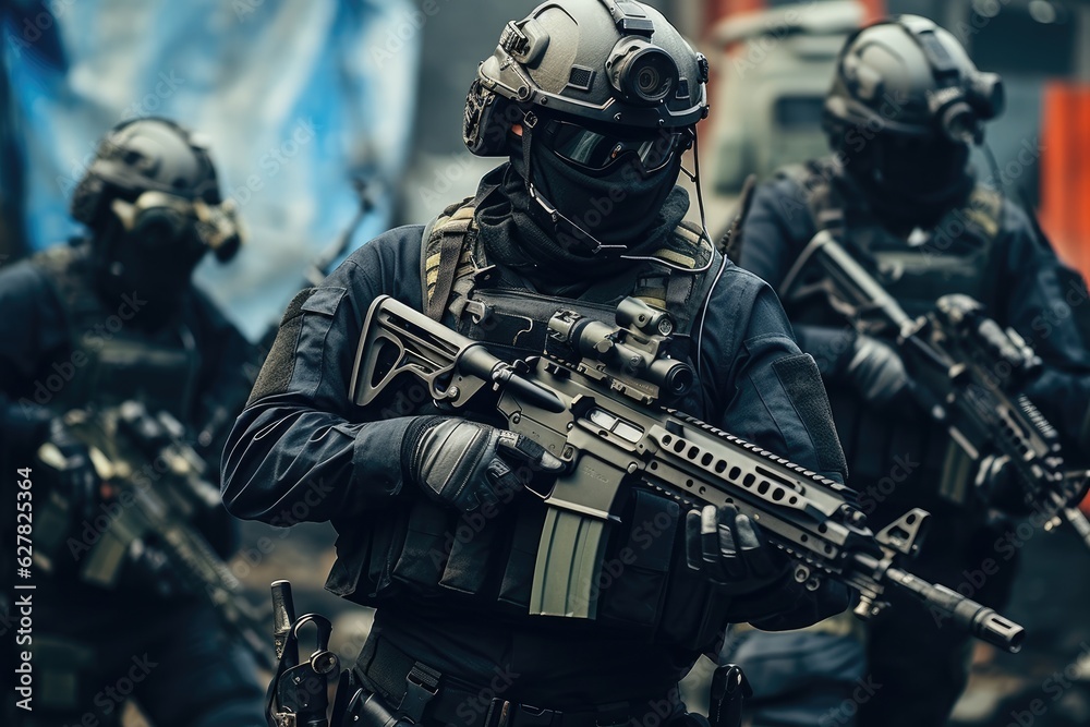Special forces soldiers in action. Special forces soldiers in full gear. A military special force with futuristic tactical gear and weapons, AI Generated