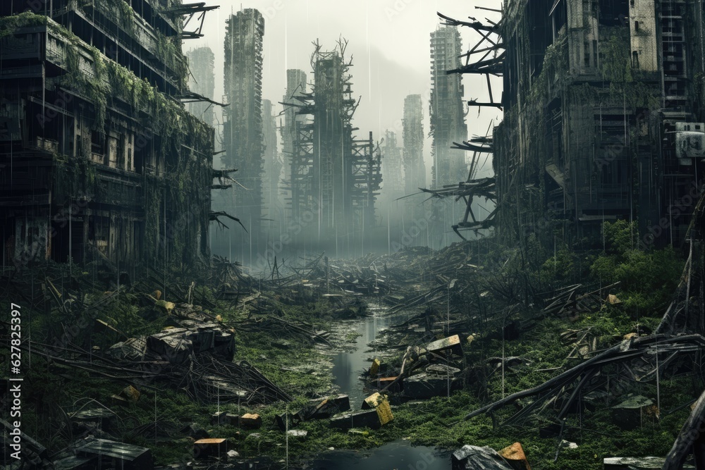 3D render of a destroyed building in the middle of the forest, A postapocalyptic city gloomy overgrown buildings, AI Generated
