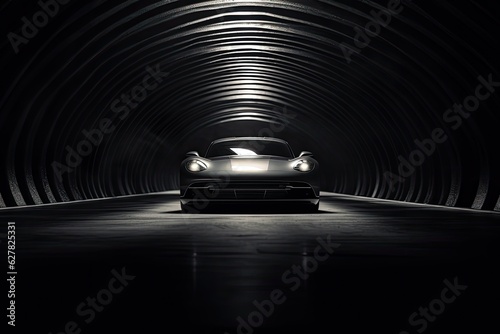 3D rendering of a vintage sports car in a tunnel at night, A mesmerizing image of a car in a subterranean tunnel, AI Generated
