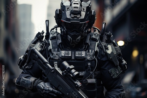 closeup of a futuristic soldier in a military uniform with a gun, A military special force with futuristic tactical gear and weapons, AI Generated