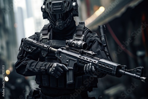 Special forces soldier with assault rifle in action. Special forces concept. A military special force with futuristic tactical gear and weapons, AI Generated