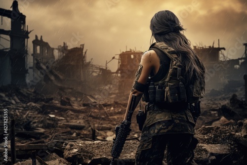 War Concept. Military woman with assault rifle in ruins of military building, military woman with an assault rifle standing in front of a broken building on a battlefield, full rear view, AI Generated