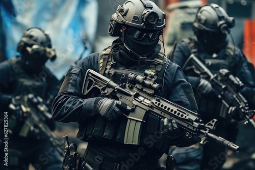 Special forces soldiers in action. Special forces soldiers in full gear. A military special force with futuristic tactical gear and weapons, AI Generated photo