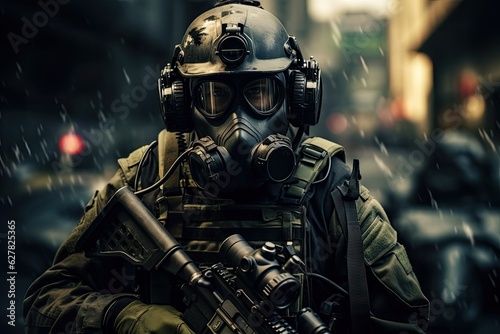 Portrait of a special forces soldier in a gas mask and with a gun in the rain, A Modern elite soldier fully geared up with special equipment, face covered with a gas mask, AI Generated