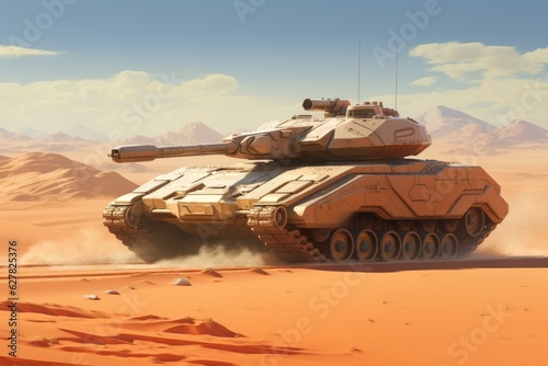 3D CG rendering of tank in the desert. 3D CG rendering. A modern military tank running in a desert, AI Generated