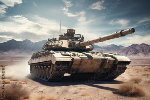 War Concept. Military Tank in the desert. 3d Rendering  A modern military tank running in a desert  AI Generated
