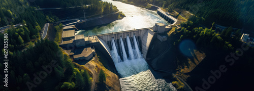 Hydroelectric power dam on a river in mountains, aerial view. Generative AI photo