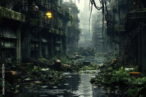 Fantasy landscape with a small river in the jungle. 3d rendering, A postapocalyptic city gloomy overgrown buildings, AI Generated © Ifti Digital