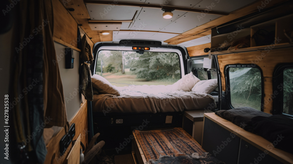 Cozy interior of a camping Van. Vanlife and Camping