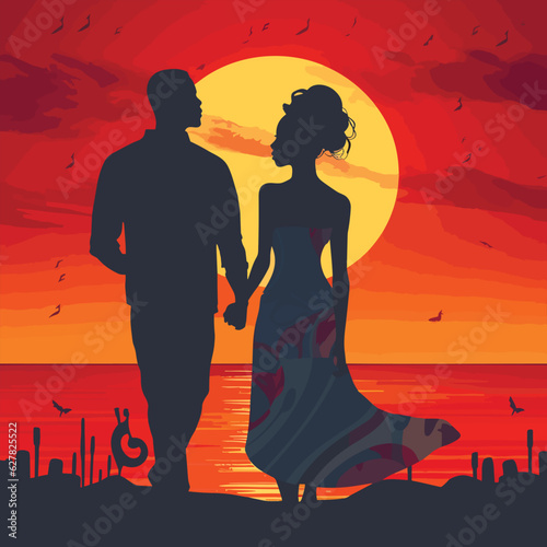 A couple in love looks at the sunset. People silhouette back standing enjoying sunset view on tropical vacation. Romantic couple. Vector illustration.