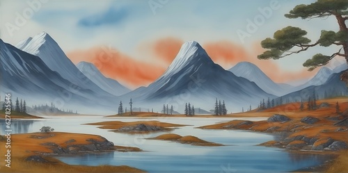 Nordic landscape. Oil painting style. AI generated illustration