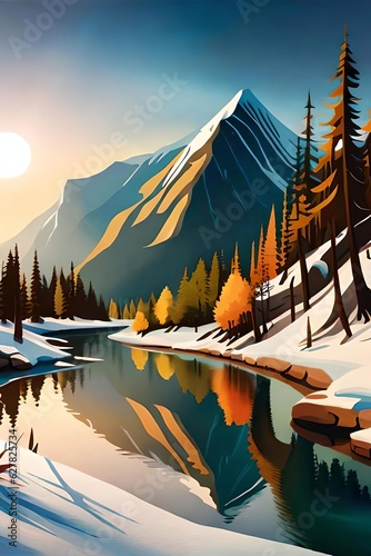 Nordic landscape. Oil painting style. AI generated illustration