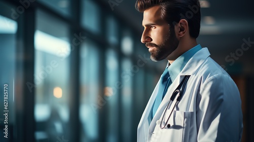 Doctor with a stethoscope in hospital look at window. Generative AI