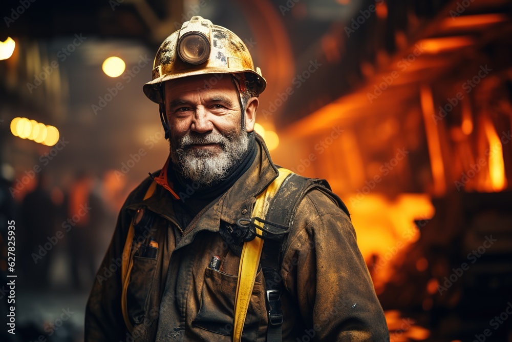 Portrait of a middle aged miner on a working mine background