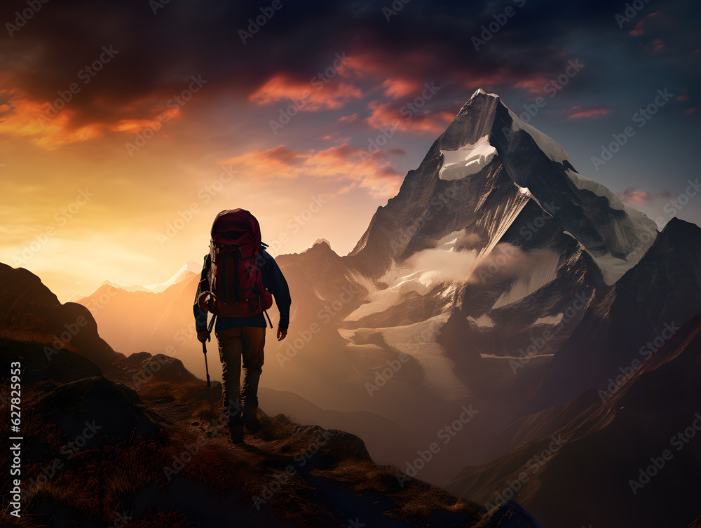 Epic Adventure Travel - Hiker Silhouetted Against Majestic Mountain Sunset Epic Adventure Travel - Hiker Silhouetted Against Majestic Mountain Sunset