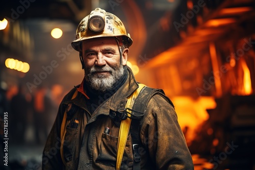 Portrait of a middle aged miner on a working mine background