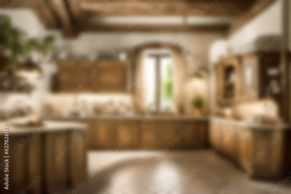 Blurred background of a typical european italian kitchen. Presentation wallpaper.