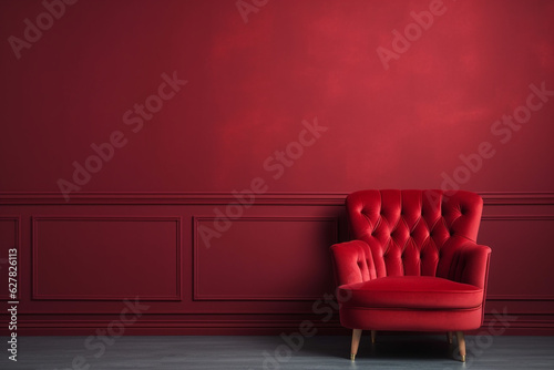 Beautiful luxury classic velvet red clean interior room in classic style with velvet red soft armchair. Vintage antique velvet chair standing beside emerald wall. Minimalist home design. High quality © Starmarpro
