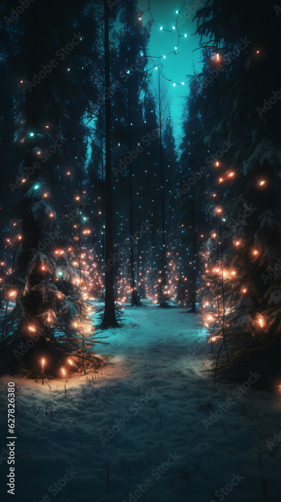 Forest with christmas trees and glowing lights Forest with christmas trees and glowing lights