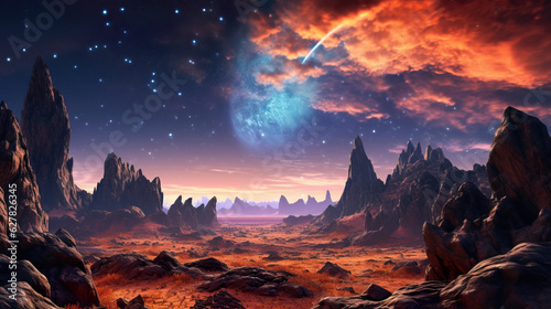Stunning Night extraterrestrial scene. Huge mountains against Starry sky and planets. Fantasy landscape. Alien planet. Sci-fi wallpaper. Fantastic illustration.
