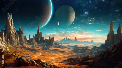 Stunning Night extraterrestrial scene. Huge mountains against Starry sky and planets. Fantasy landscape. Alien planet. Sci-fi wallpaper. Fantastic illustration.