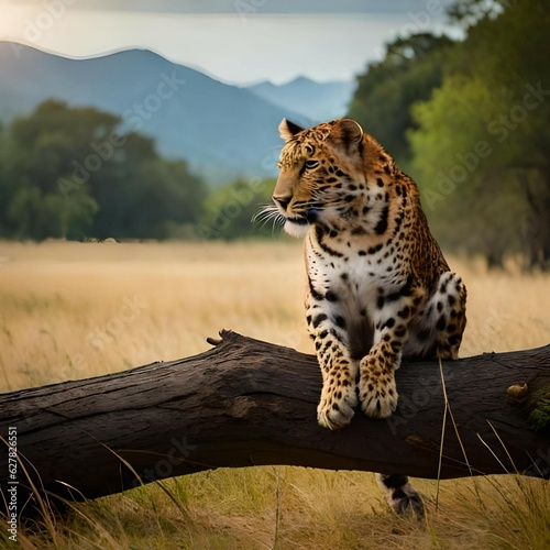 a leopard sitting on a log
