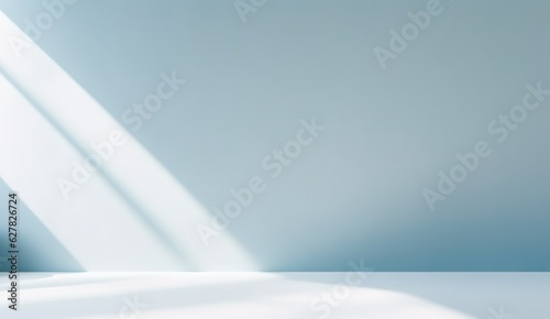 minimalistic abstract light blue background with shadow and light from windows, product presentation concept