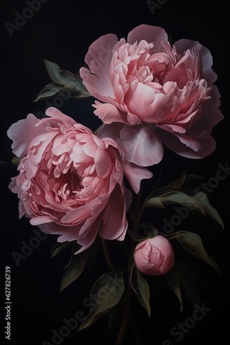 beautiful bouquet of pink peonies on a black background