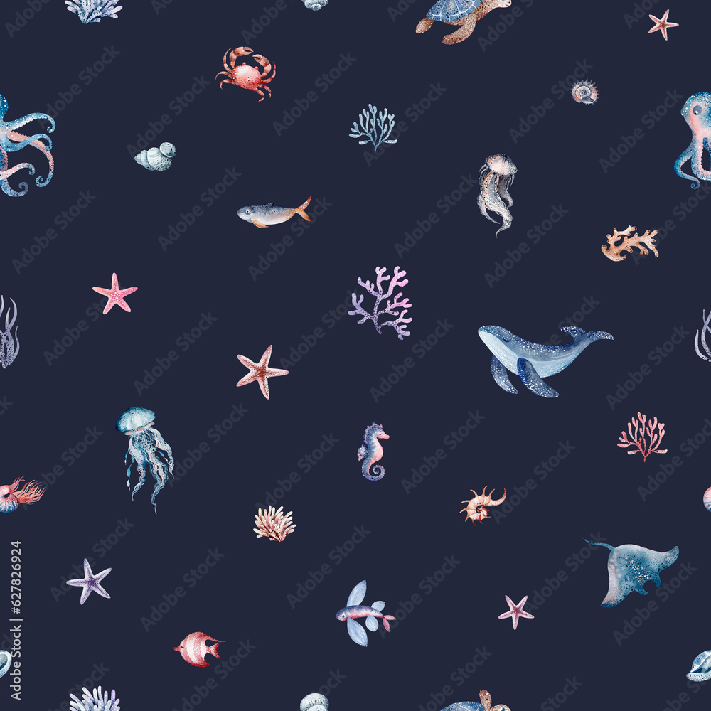 Marine seamless pattern marine animals, corals, plants, seashell, starfish, octopus, seahorse, algae, turtle. Watercolor marine background.